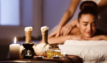 Aroma Spa. Woman Enjoying Back Massage In Luxury Spa - obrazy, fototapety, plakaty