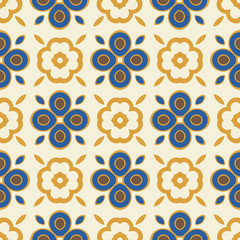 Ornamental geometric floral seamless pattern of alternating four petal flowers and geo symbols. Modern take on a vintage tiled type design. Vector. Great for textiles, wallpaper, home decor and paper.