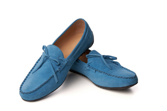 Blue suede man's moccasins shoes isolated on white