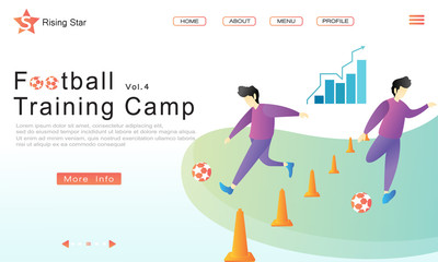 Football practice methode after dribbling past cones hardles and show developmental chart info. Flat vector cartoon illustration fro landing page, website, UI, homepage, UX, banner, web