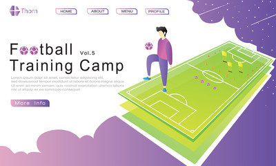 website design, landing page, UI, UX, banner with the isometric concept of practicing soccer, field plans and football training equipment. Flat cartoon vector illustration