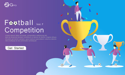 soccer competition with the concept of 3 trophies. gold, silver, bronze. first place is the champion. the team displays their playing style. web, landing page, flyer, banner. flat vector illustration
