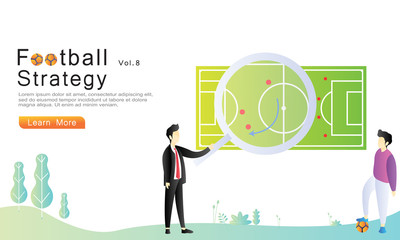 The trainer gives strategy instructions to the player with the concept of a football field chart, arrow direction, magnifying glass. for landing page, web, flyer. flat cartoon vector illustration