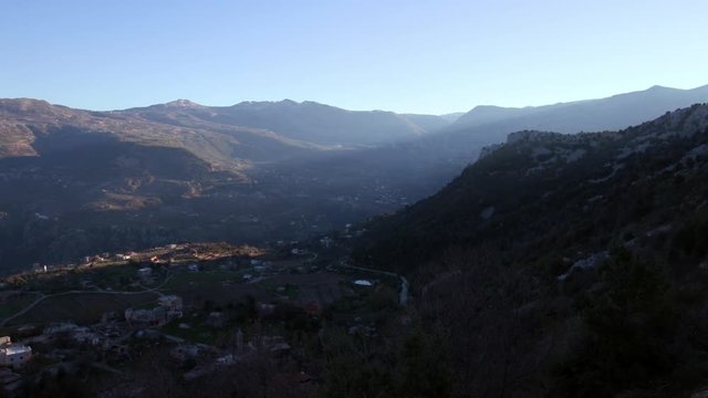 Pan left on mountains around Lassa, Mount Lebanon