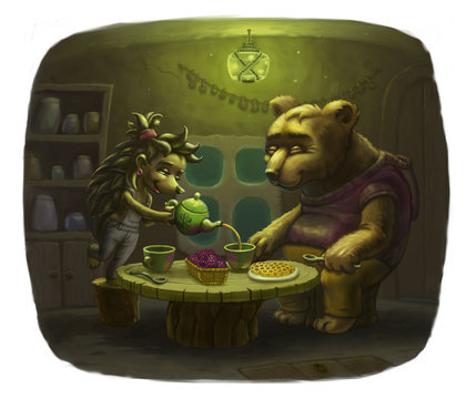 Bear visiting hedgehog and they will drink tea with honey and raspberries