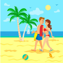 Couple going in sand,woman in swimsuit holding man with towel, portrait view of people on beach. Palm tree and surf, sailboat on sea, clouds and sun vector