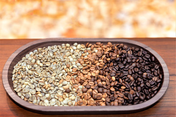Coffee beans showing various stages of roasting from raw through to dark roast.