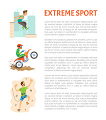 Fototapeta premium Motorbike riding and parkour vector, wall climber male wearing protective equipment, training person. Mountaineering and motorcycle biking poster