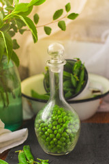 green peas, fresh and juicy vegetable (harvest). food background. top