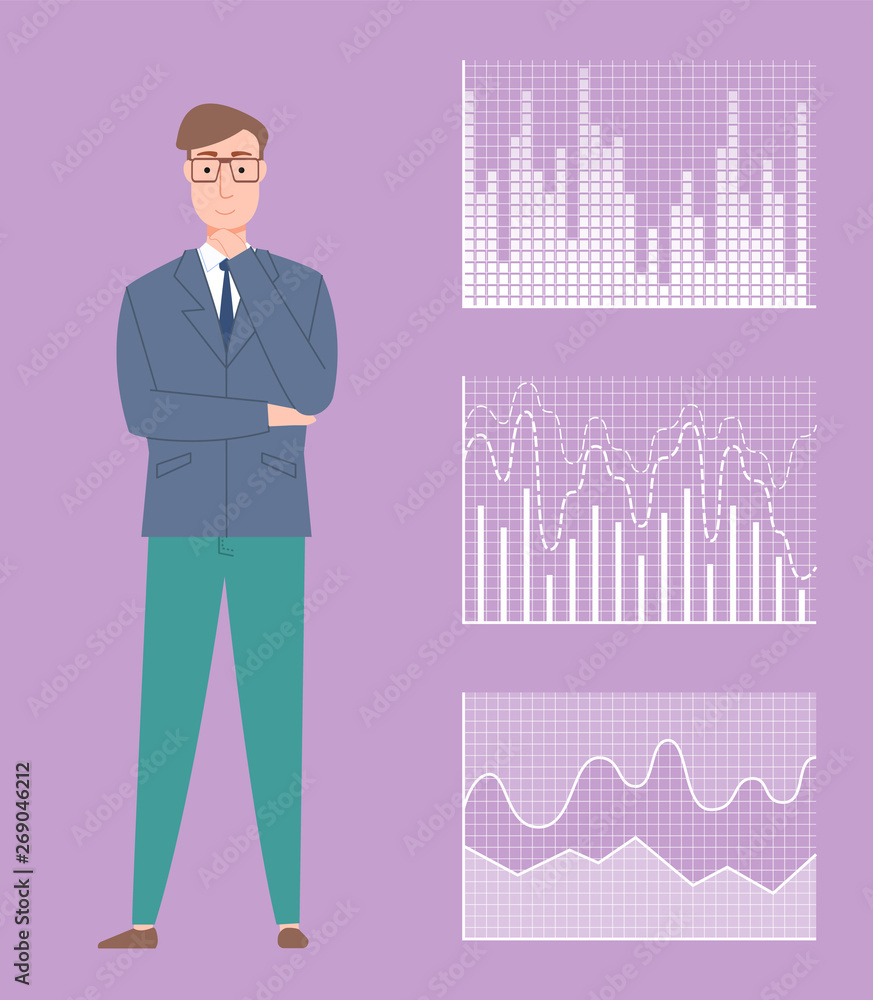Poster visual representation in charts vector, man standing in confident posture, male working with stats a