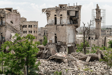 City of Aleppo and destroyed building in Syria 2019