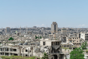 City of Aleppo and destroyed building in Syria 2019