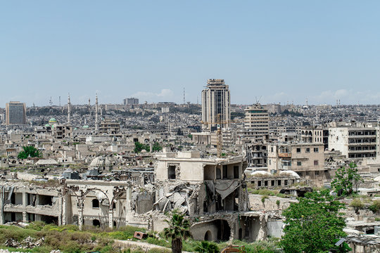 City of Aleppo and destroyed building in Syria 2019