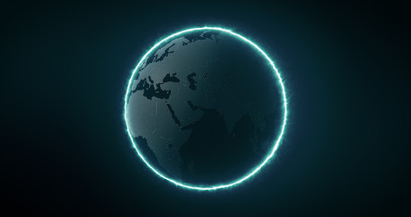 Digital Futuristic Globe with dots and circling. Digital Earth Glowing line and wire frame. 3D rendering.