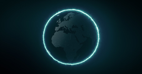 Digital Futuristic Globe with dots and circling. Digital Earth Glowing line and wire frame. 3D rendering.