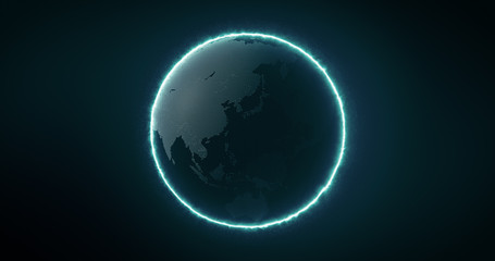Digital Futuristic Globe with dots and circling. Digital Earth Glowing line and wire frame. 3D rendering.