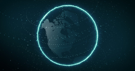 Digital Futuristic Globe with dots and circling. Digital Earth Glowing line and wire frame. 3D rendering.