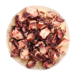 Octopus with sauce garlic isolated on white background, top view