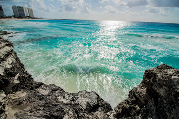 Cancun beach beautiful view. Hotel zone. Mexico caribbean sea with amazing blue color.