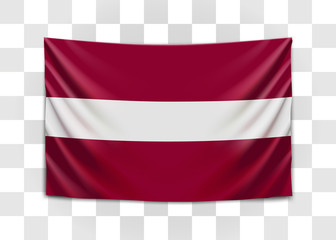 Hanging flag of Latvia. Republic of Latvia. Latvian national flag concept.