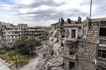 City of Aleppo and destroyed building in Syria 2019