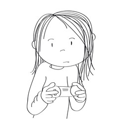 Teenage girl playing video games on game console, holding joystick, being very concentrated. Original hand drawn cartoon illustration.