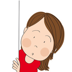 Little surprised girl peeping out from behind the wall, corner or blank paper. Original hand drawn cartoon illustration.