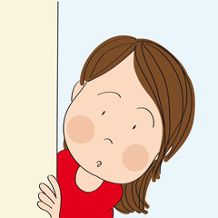 Little surprised girl peeping out from behind the wall, corner or blank paper. Original hand drawn cartoon illustration.