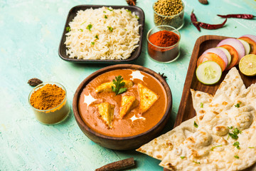 Paneer Butter Masala is a popular North Indian recipe for lunch/dinner made using cottage cheese in red tomato curry. usually served with Rice and chapati/naan. selective focus