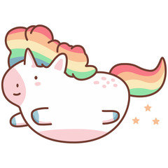 Cute flying unicorn with rainbow hair. Vector cartoon character isolated on a white background.