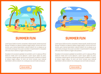 Summer fun vector, kids playing at beach, posters with text. Water fight guns loaded with liquid, boys on vacation having fun together flat style