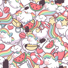 Kawaii unicorn and cloud vector seamless pattern.