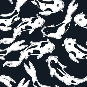 Koi fish seamless pattern. Vector texture on black background.