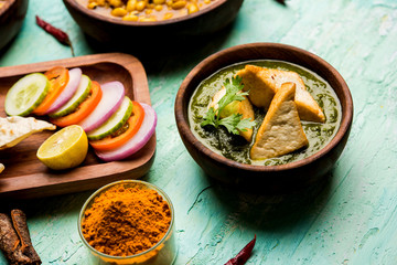 Palak Paneer curry is a popular North Indian recipe for lunch/dinner made using cottage cheese in green spinach curry. usually served with Rice and chapati/naan. selective focus