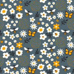 Obraz premium Cute flowers and bugs seamless pattern - Cartoon bugs, plants, herbs, flowers - Childish design for wrapping paper and textile