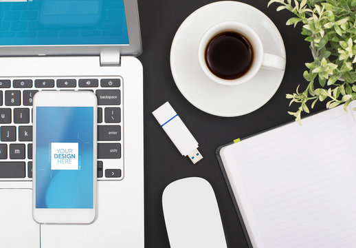 Smartphone and Laptop on Office Desk Mockup