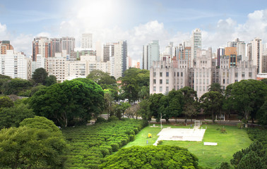 Fototapeta premium Sao Paulo skyline and Biological Institute and coffee plantation.