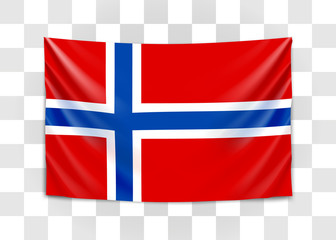 Hanging flag of Norway. Kingdom of Norway. National flag concept.