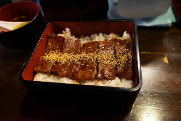 Hida beef grilled topping on rice. (Japanese Food)