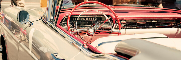 Interior of a classic car, old vintage vehicle close-up