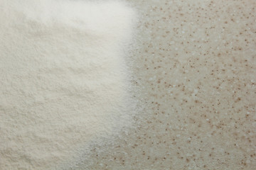 sifted flour lies on a white kitchen table top view close-up copy space. cooking dough. preparation for cooking