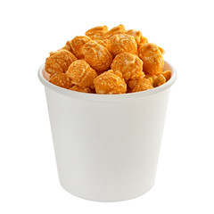 Gourmet Cheddar Cheese Popcorn in white blank cardboard cup isolated on white background. Including clipping path.