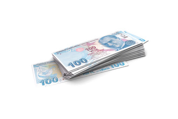 Deck of Turkish Liras Banknotes on White