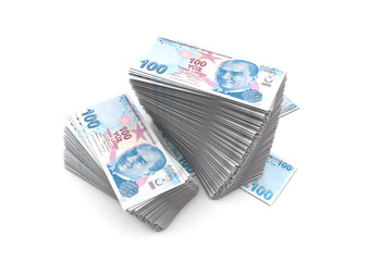 Deck of Turkish Liras Banknotes on White