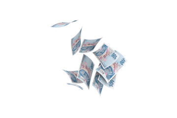 Turkish Liras Banknotes Falling and Flying Around on White