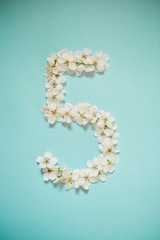 White flowers in the form of numbers on a blue sky background. Photo for design with place for text.