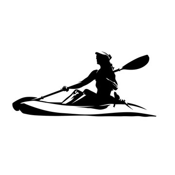 recommend clip art: Woman on canoe, isolated vector ink drawing. Abstract vector silhouette. Kayaking water sport