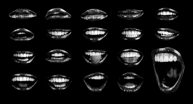 Emotional sexy lips of a female mouth. The passion of a female open mouth is seductive with lipstick. Picture of girl's lips log isolated on black background. Black color with open mouth