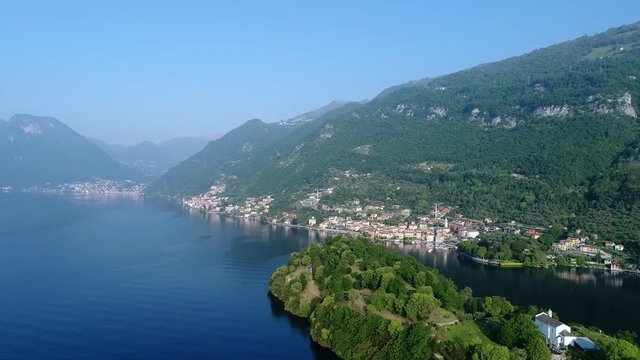 Comacina island on lake of Como in Italy. Aerial view from a drone