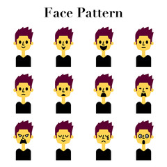 ショートヘアの男性のシンプルでかわいい顔の表情12パターンのイラストセット